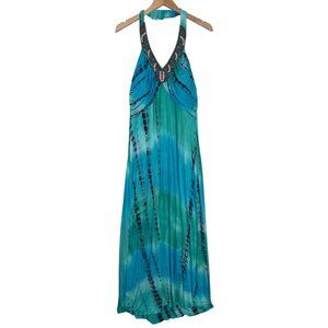 Spenser Jeremy Maxi Dress Womens 16W Tie Dye Halter Beaded Casual Boho Vacation